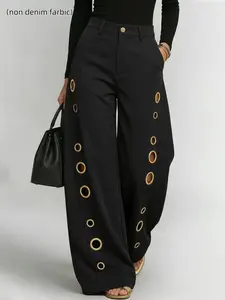 High-Waisted Wide-Leg Patchwork Pants, Button Closure, Hollow Out Pockets, Solid Color Design, Stylish Long Trousers for Women