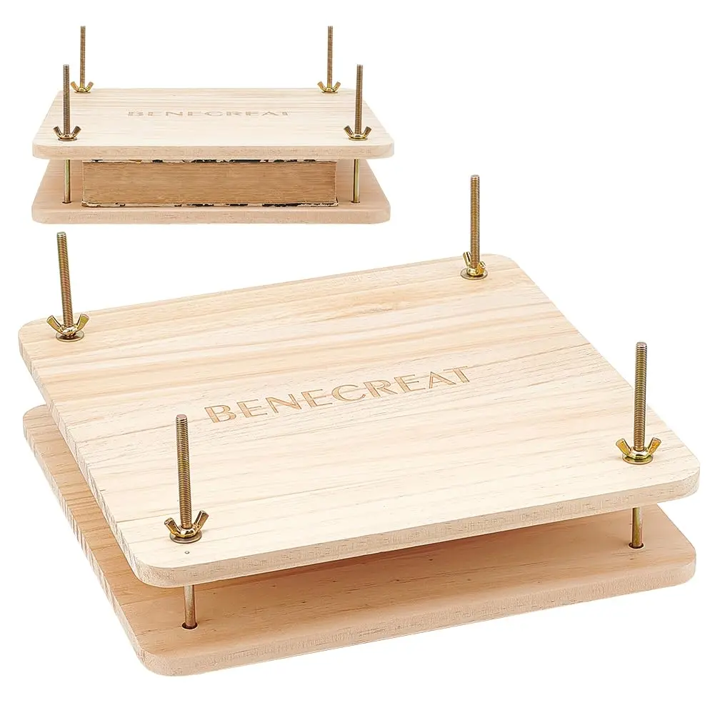BENECREAT Book Press Bookbinding, Wooden Book Press Tool Portable Binding Press Machine with Iron Nut, Wing Nuts, Gasket for Home, School, Office Bookbinding Supplies, 30x30cm