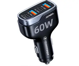 SUNDA 60W USB C Fast Car Charger, 4-Ports Car Charger Adapter, Dual Type C PD30W/PPS30W Compatible with iPhone13/12 Pro/Max/iPhone11/Galaxy/SamsungS22/, Dual USB-A 18W QC3.0 for Android(Black