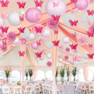 16-Piece Set of Party Paper Lanterns and Pom-Pom Hangings, Wedding and Birthday Party Decorations, 3D Butterfly Flower Decorations, Bridal Gifts, Tissue Pom-Pom Decorations 16Pcs