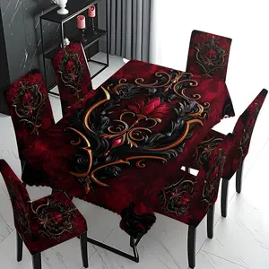 5/7 Pcs 2D Flat Dark Red Baroque Ornament Print Tablecloth & Chair Cover Set, Stretch Removable Washable Dining Chair Slipcover, Gothic Luxury for Formal Dinner & Holiday Party Decor, Removable Washable Slipcovers