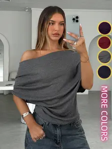 Solid Color Off-Shoulder Asymmetrical Neck Loose Fit Short Sleeve Drop Waist Knit Top, Casual Fashion Women's Pullover