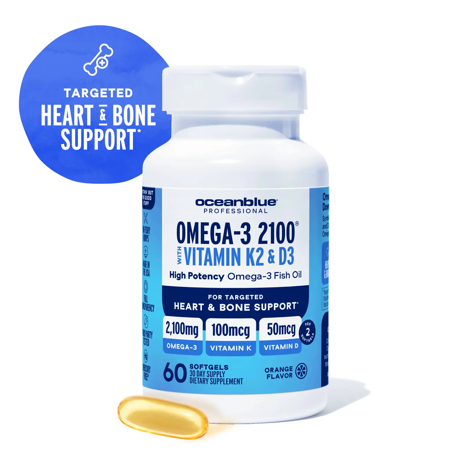 OceanBlue Professional Omega-3 2100 with Vitamin K2 and Vitamin D3-60 Count - Triple Strength Fish Oil Omega-3 Supplement with EPA, DHA, and DPA