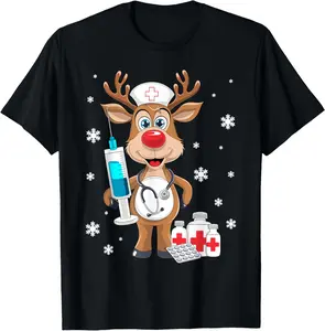 100% Cotton Christmas Nurse Reindeer Funny Xmas Nursing Scrub Women T-Shirt Top Womenswear