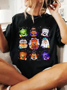 100% Cotton Halloween Graphic Women T Shirt Chicken Nuggets Pumpkin Halloween 90's Vintage T-Shirt Iron-on Transfer T Shirt