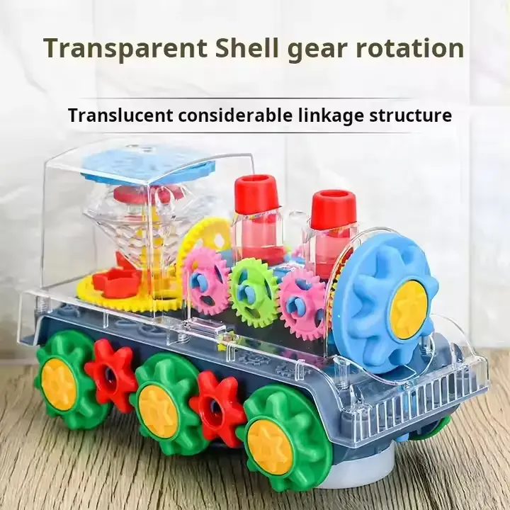 Light Up Bump and Go Train Toy, Transparent Gear Toy with LED Lights, Music and 360 °   Rotation, Educational STEM Sensory Toy for Toddlers Boys Girls 3+