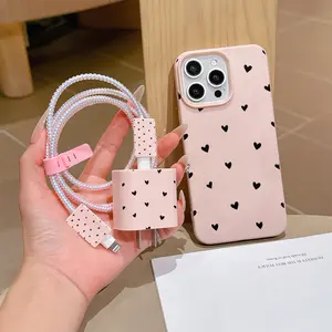 6 Piece Set Heart Phone Case, Charger Head Cover, Cable Protector, Storage Rope, Data Line Protection for iPhone 15/16 Series