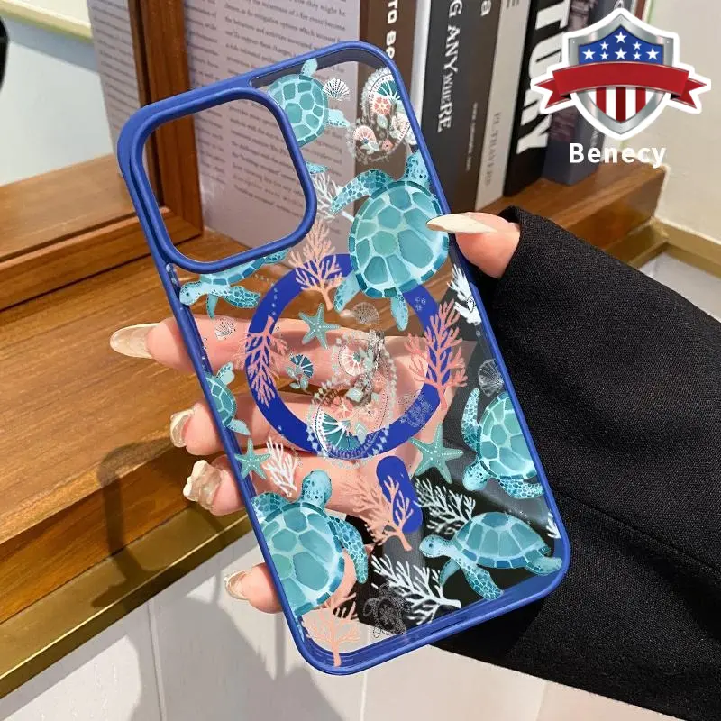 Cyan Turtle Pattern Magnetic Smartphone Casing, Wireless Charging-Supporting Protective Cover for iPhone 11-16 Series (11,12,13,14 Pro Max,15,16,XR,XS Plus,E), Shockproof, Non-Slip Silicone Transparent Acrylic Handheld Devices Accessories, Durable, Protec