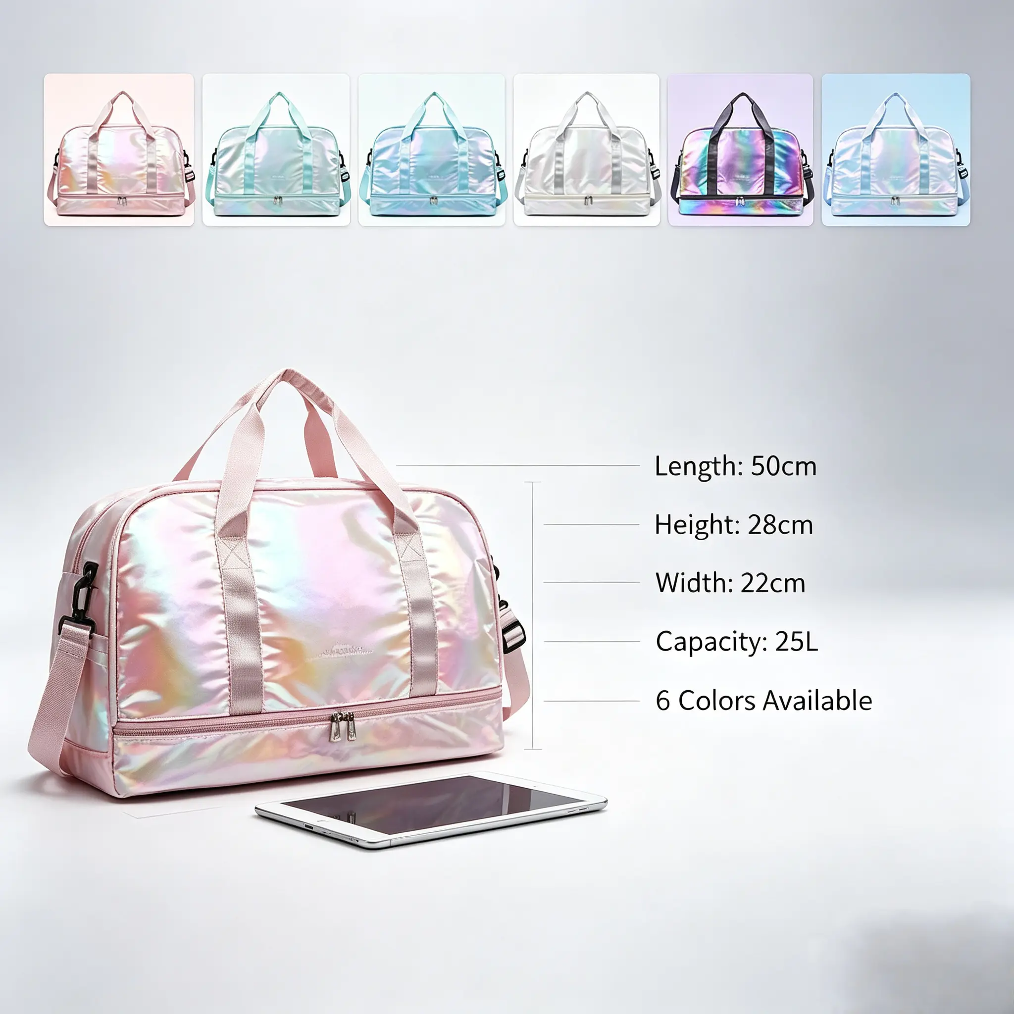 Women's Nylon Holographic Shimmering Sport Gym Duffle Bag - Shoe Compartment, Wet Pocket - for Weekend Overnight Travel, Gymnastics