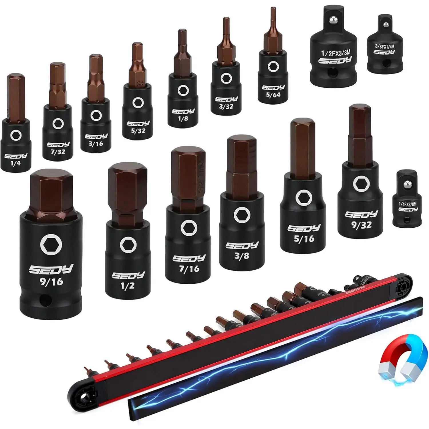 Allen-Wrench Hex Bit Socket Set: 16-Piece Hex Socket Set with Magnetic Socket Rail Organizer 1/4, 3/8, 1/2-Inch Drive 5/64-9/16 Hex Key Socket Set with Adapter for Professional Garages Workshop