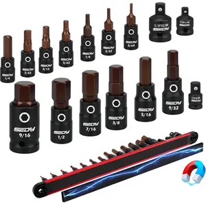 Allen-Wrench Hex Bit Socket Set: 16-Piece Hex Socket Set with Magnetic Socket Rail Organizer 1/4, 3/8, 1/2-Inch Drive 5/64-9/16 Hex Key Socket Set with Adapter for Professional Garages Workshop