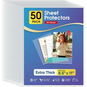 No Holes Sheet Protectors 8.5 x 11 Inch Heavy Duty Clear Page Protectors, Plastic Paper Document Sleeves, Letter Size, Top Loading, Acid Free, 50 Pack