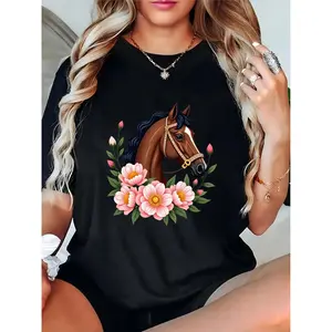 Women's Black Crew Neck T - Shirt with Horse & Pink Floral Graphic, Casual Daily Equestrian - Floral Top for Horse Lovers & Flower Enthusiasts 100% Cotton T-shirt
