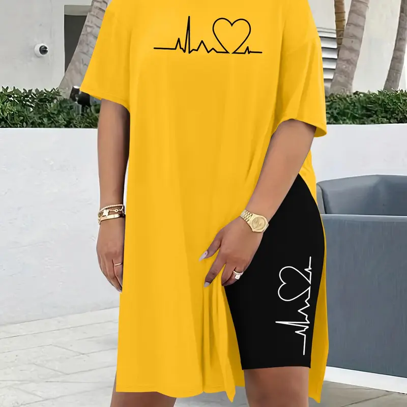 Two-Piece Set Women's Heartbeat Print Tee & Shorts, Casual Short Sleeve T-Shirt & Skinny Shorts, Ladies Summer Clothes, Womenswear