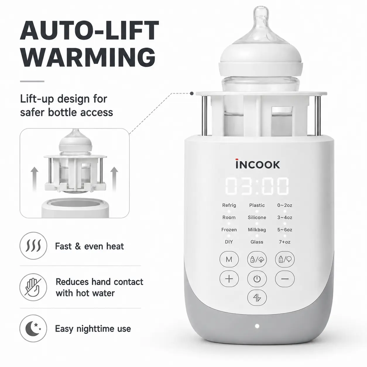 INCOOK Nutri Bottle Warmer with Innovative Auto-Lift Feature, Retain Fullest Nutrients Compact Baby Bottle Warmer, Fast & Even Heat, Always Right Temperature, Night Light for Nighttime Breastfeeding