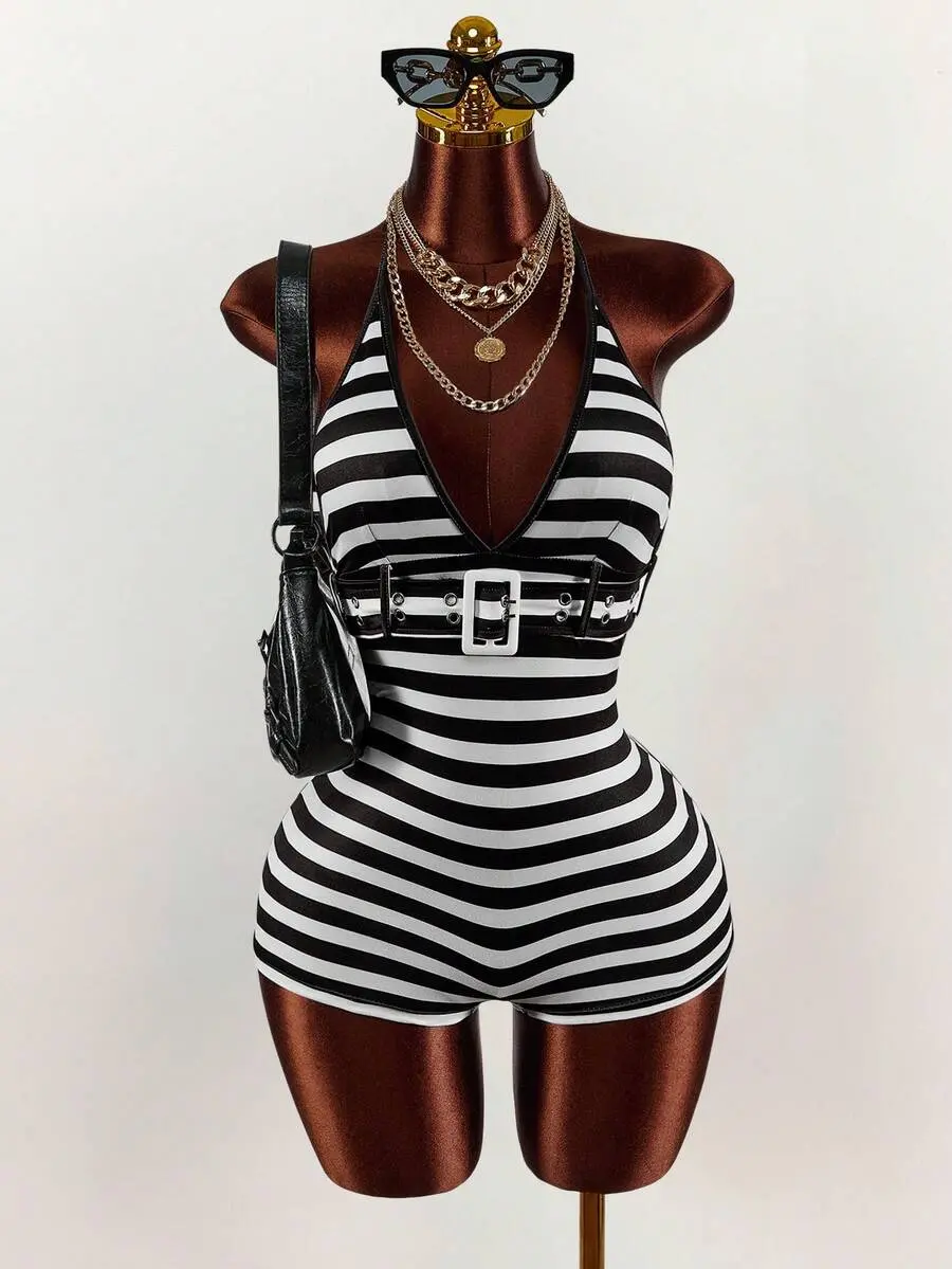 SlayvieAmplova Deep V-Neck Metal Flame Buckle Waist Belt Decor Backless Ruched Bodysuit