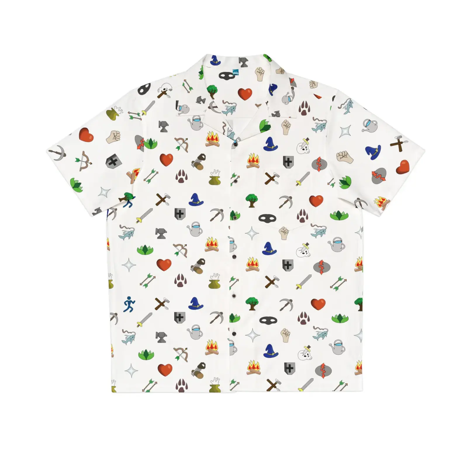 RuneScape Icon Pixel Hawaiian Shirt, Cozy MMORPG Game, Retro Fantasy Video Game Symbols, Cute Gamer Gift, RPG Adventure Shirt