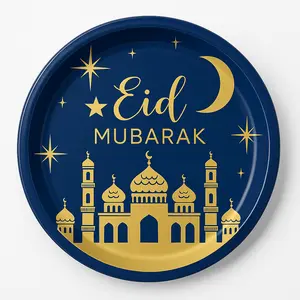 Eid Mubarak Round Plastic Serving Platter - Blue & Gold, 14"