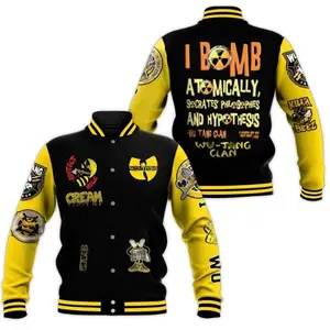 W∪-Tαng Clan Varsity Jacket - "I Bomb Atomically" Quote Hip Hop Bomber - Killa Beez C.R.E.A.M. Streetwear - Men's Vintage 90s Graphic Baseball Coat - Black & Yellow Letterman