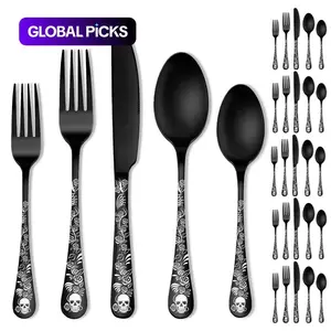 Gothic Stainless Steel Cutlery Set, Skull Rose Pattern Fork Spoon Knife, Party Dinnerware, Christmas Gift, 20/30 Pieces