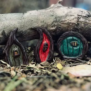 Hand-Carved Wooden Gnome Door - Miniature Fairy Garden Decor Whimsical Tree Stump Door Rustic Hobbit Door for Outdoor or Indoor Use