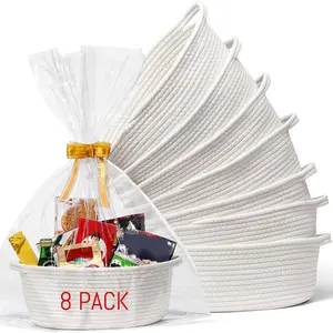 Set of 8 small woven baskets, equipped with gift bags and ribbons, all measuring 12"x 8"x 5", empty decorative gift boxes, suitable as cute baby gift baskets for the nursery, cotton rope storage baskets with handles, white