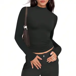 Solid Color Women's Mock Turtleneck Long Sleeve T-Shirt Slim Fit Top Fall Winter Y2K Style Tight Crop Top Layering Or Standalone