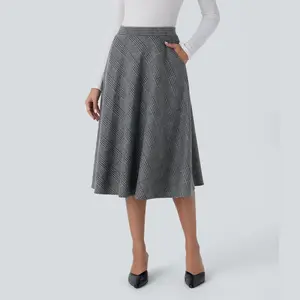 Halara High Waisted Side Pocket Houndstooth Plaid Flare Midi Casual Skirt