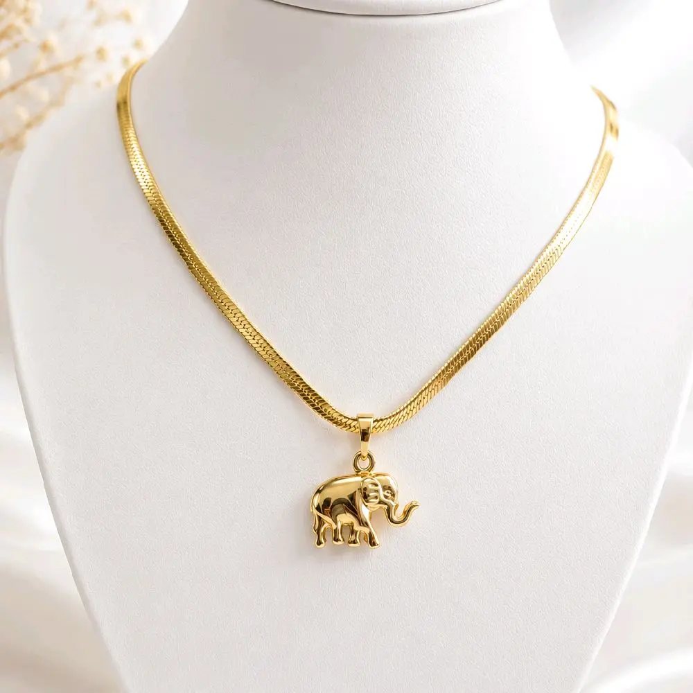 Elephant Pendant Necklace with 3mm Herringbone Chain – 18 Inch – 14K Laminated Gold