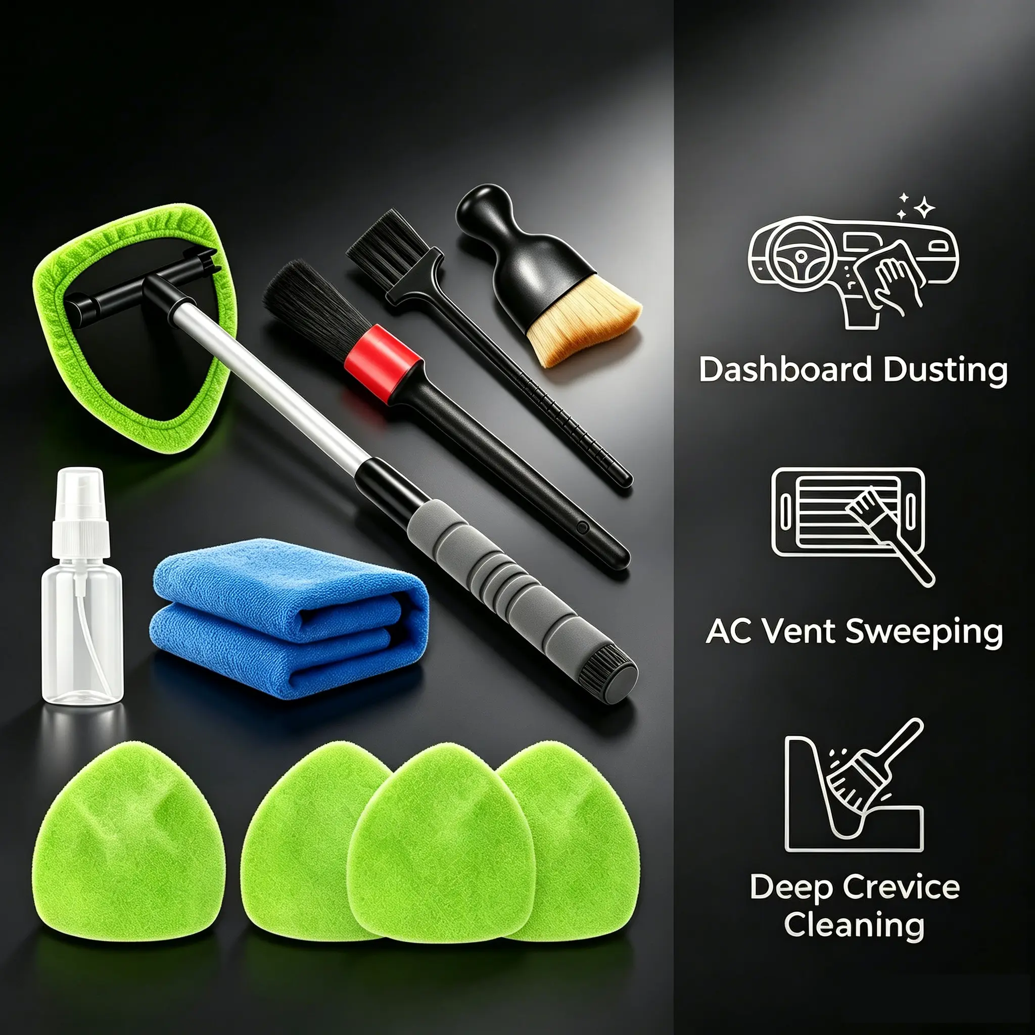 10Pcs Car Windshield Cleaner Tool – Auto Glass Cleaning Kit with Extendable Handle, Microfiber Covers & Vent Brushes for Car Detailing, SUV RV Truck Windows