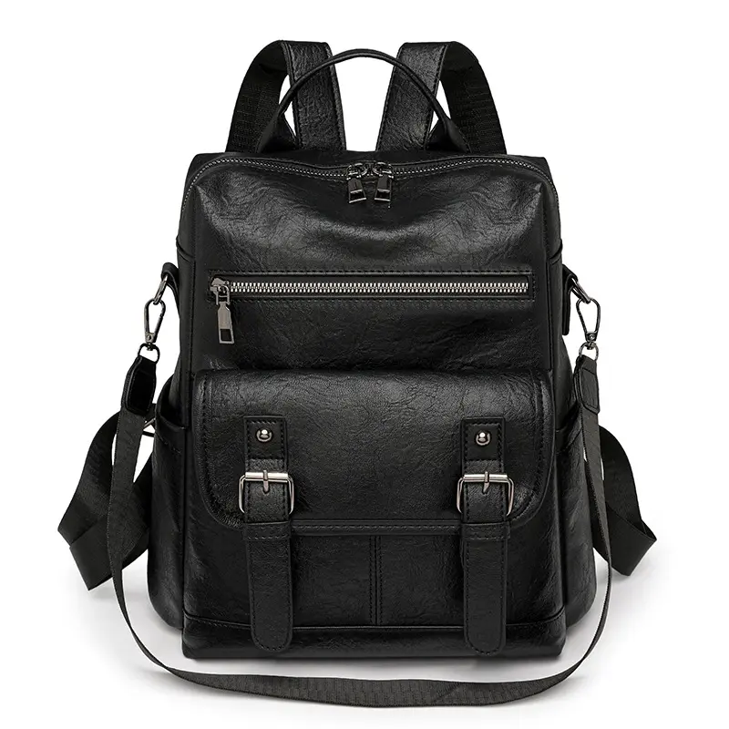 Women's Plain Black Leather High-Capacity Backpack - Adjustable Straps, Multiple Pockets, Double-Layer Pocket, Computer Storage, Lightweight for College, Commute
