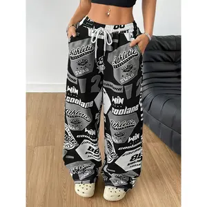 Y2K Style Women'S Athletic Sweatpants, Polyester & Spandex Blend, Knit Fabric, Alphabet Print, Wide Leg, with Pockets for All-Season Casual Pants