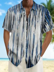 Men's Blue Striped Brushstroke Stripe Short Sleeve Camp Collar Shirt - Breathable Menswear Lightweight Fabric, Loose Fit for Hiking, Beach Days & Summer Outdoor Activities