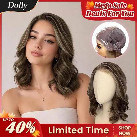 VSIGN Dolly 13*6 HD Lace Frontal Wig for Women, Pre-Cut Ombre Platinum & Mocha Brown Balayage Dark Root Middle Length Scandi Hairline, Glueless Low Density Premium Synthetic Heat Resistant Futura Fiber Breathable Beginner-Friendly Wig for Party Daily Wear