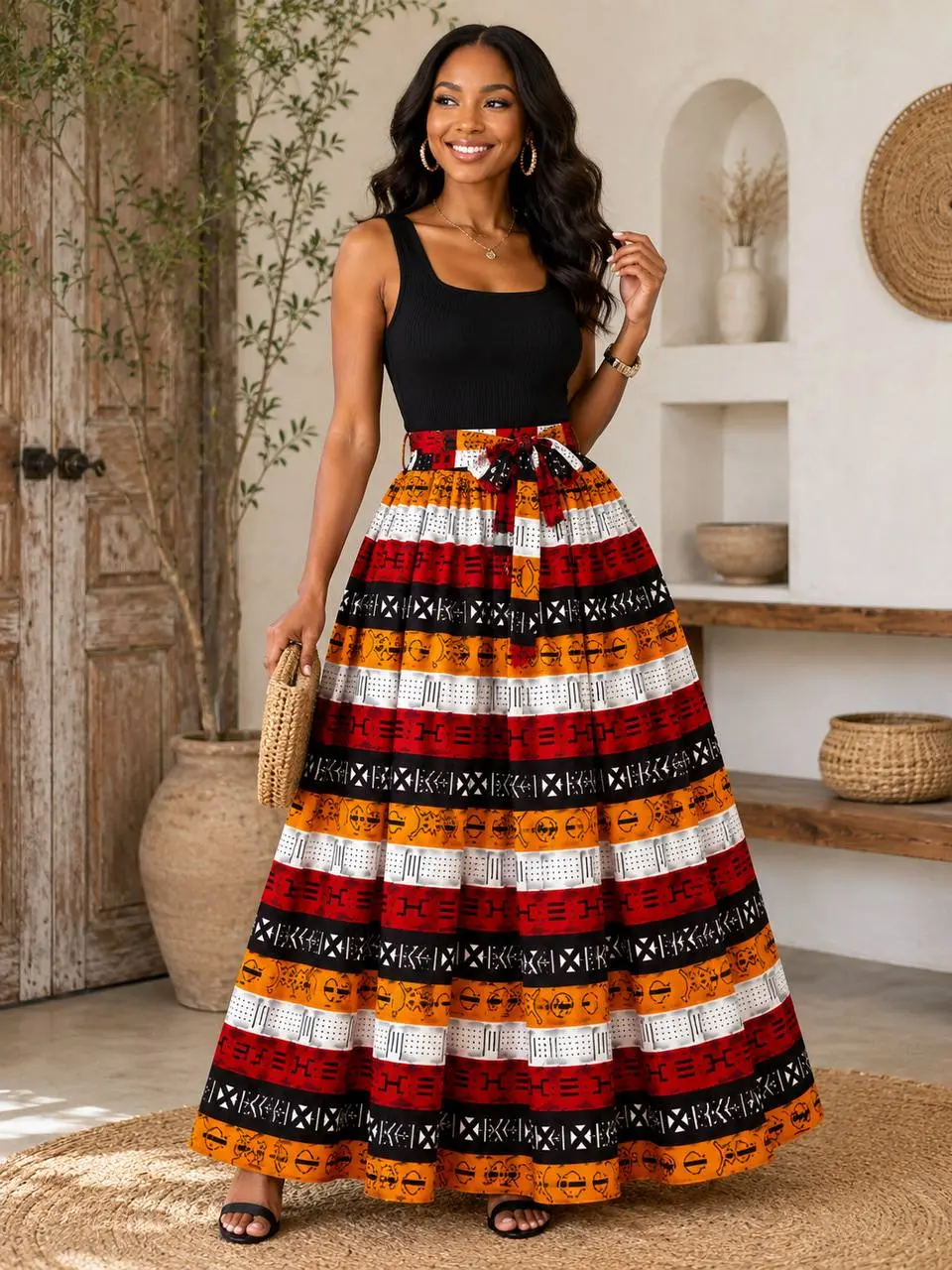 African Print Maxi Skirt | High Waist Ankara-Inspired Skirt for Women | Bold Red, Orange & Black Statement Skirt