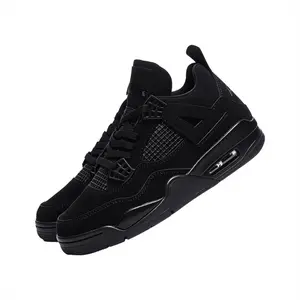 Men's Classic Mid Top Basketball Shoes Visible Air Cushion Shock Absorbing All Black Sneakers Breathable Mesh Durable Non-Slip Casual Streetwear Trainers