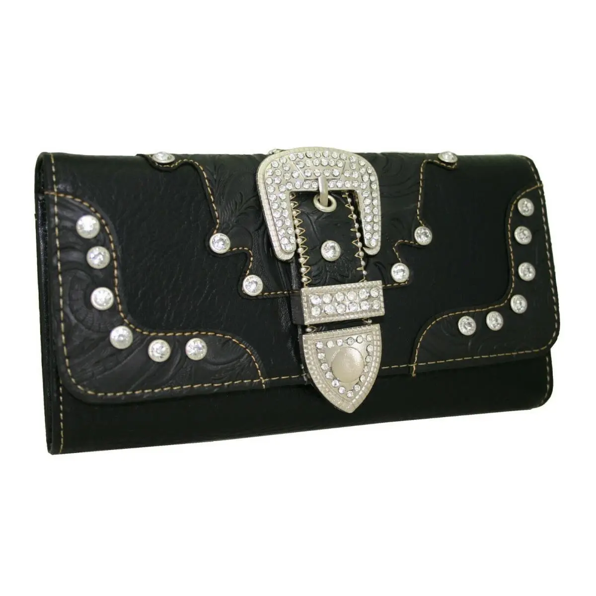 RITZ Men's Western Style Trifold Magnetic Closure Wallet - Black, Rhinestone Accents, Secure Magnetic Snap, Bling Belt Buckle, Card Slots