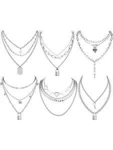 Gorgeous Exquisite Chain Jewelry 6 Pcs Silvery Double Triple Chain Necklaces Alloy Chokers Punk Necklaces for Women Men Fashionable Goth Chains Statement Lock Key Layered Pendants Chains Gothic Cross Chain Design Necklace Set