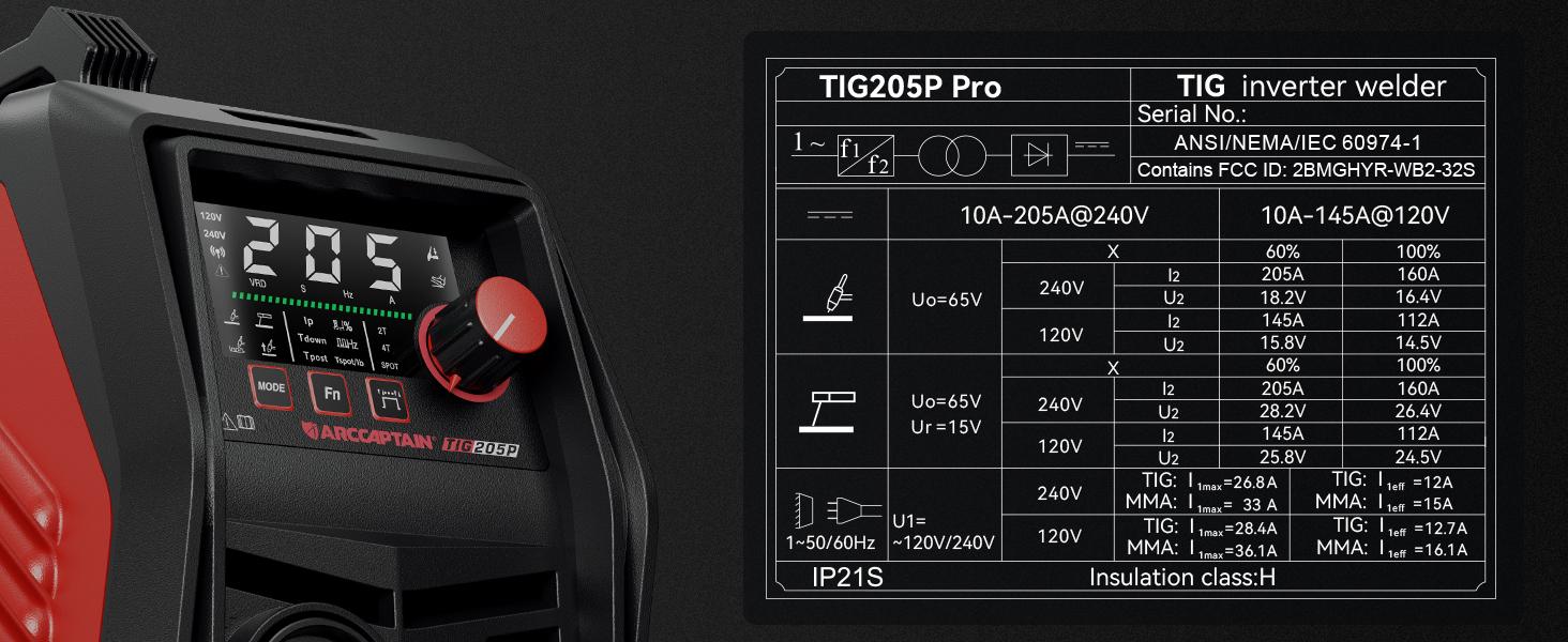 ARCCAPTAIN iControl TIG 205P Pro Welder With APP Control, 5 In 1 DC/Pulse/Lift/Spot TIG & Stick, Dual Voltage 120V/240V TIG Welding Machine With Large LED Display, 2T/4T, Smart Fan, Safety Protection