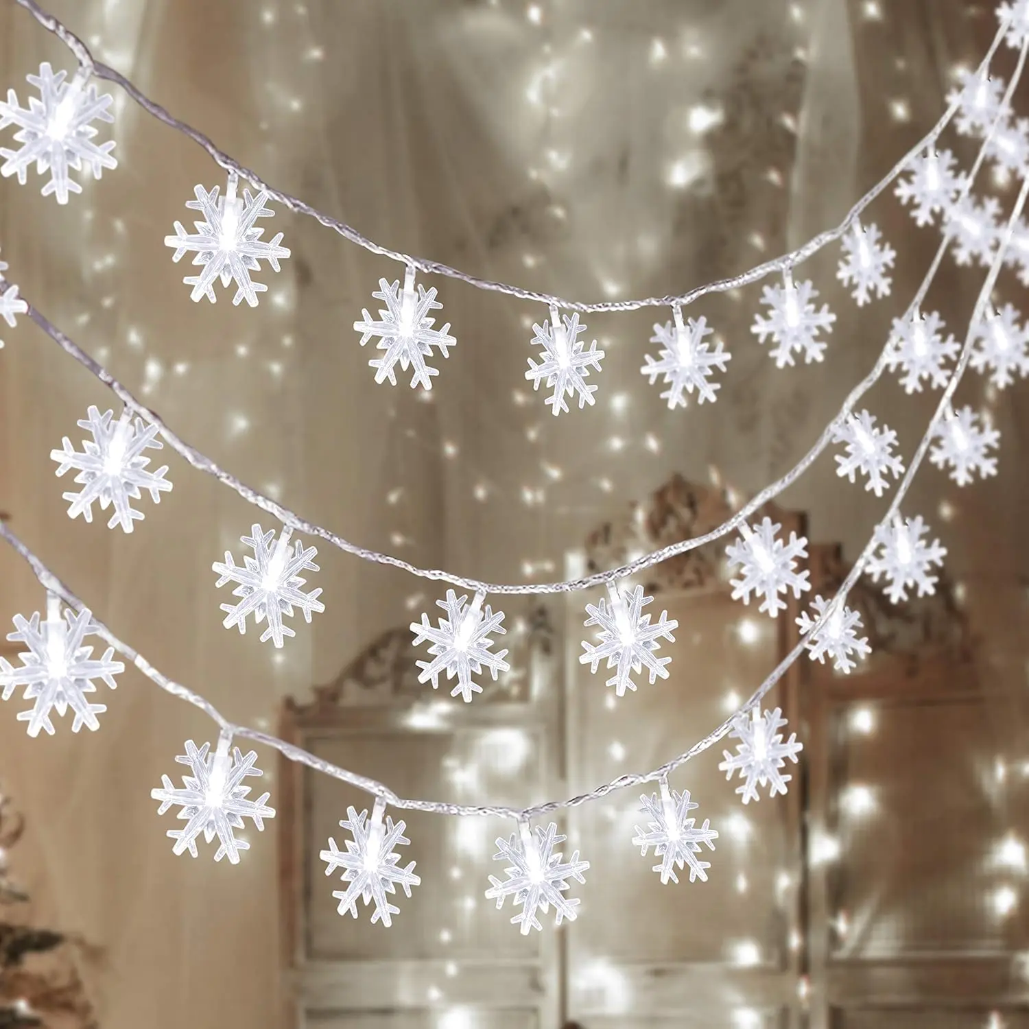 -Pack Snowflake String Lights with 100 LEDs – 4-Tier Hanging Fairy Lights for Window, Bedroom & Holiday Decor | Cozy Winter Wonderland Lights for Parties & Room Ambiance