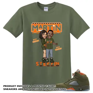 Unisex T-shirt To Match Sneakers Jordan 5 Olive Army Green Solar Orange - Martin Fly Kick. 100% Cotton for Casual Wear. Comfortable Summer Unisex T-Shirt to match Jordan Sneaker. Streetwear Style. urban outfitters