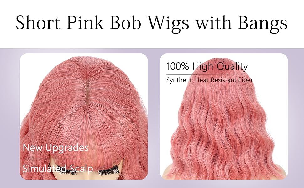 Pastel Pink Wavy Bob Wig for Women, Short Shoulder Length Synthetic Wig with Bangs, Natural Looking Lightweight Hairpiece for Gift & Cosplay Costume Party