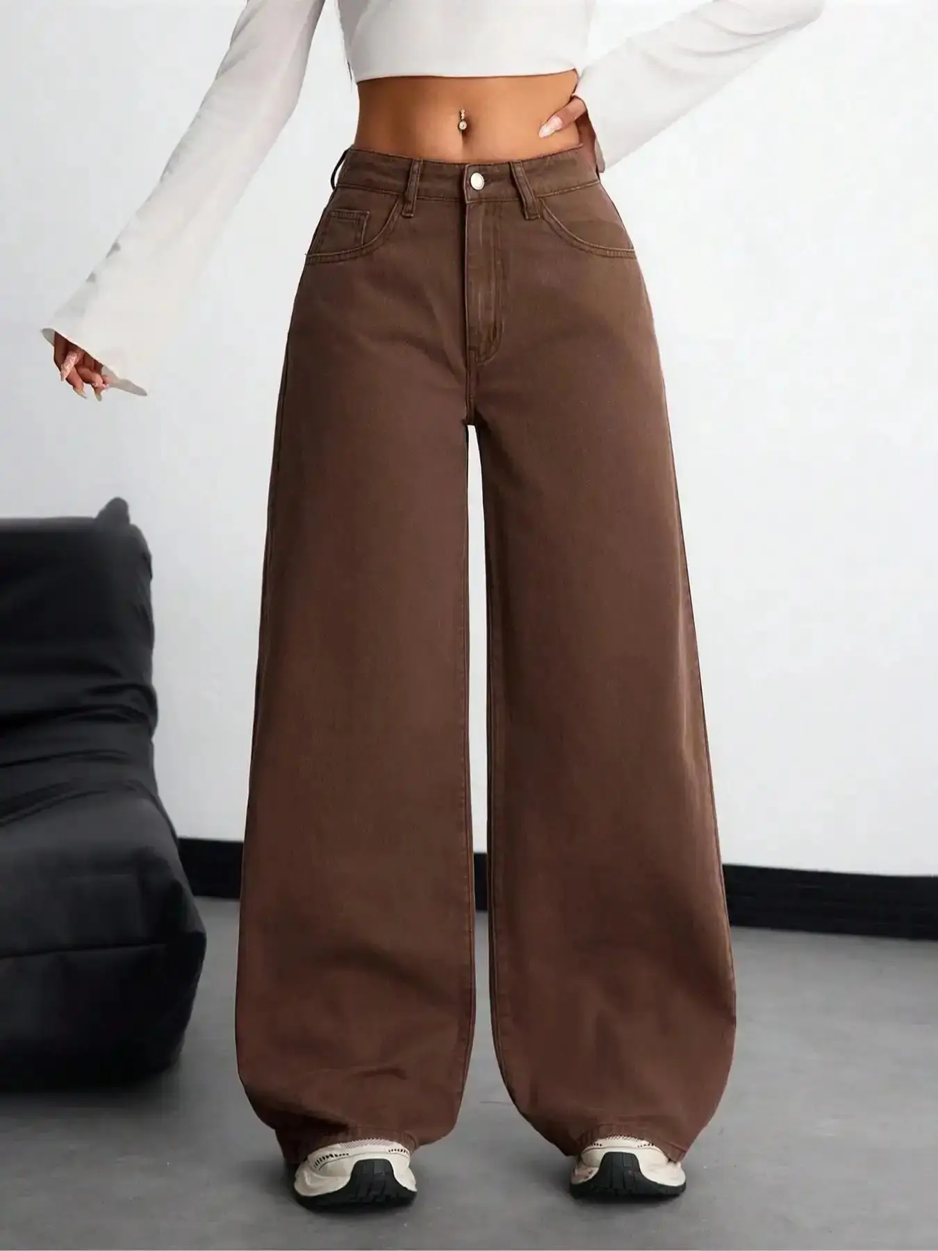 Women's Casual High Waist 100% Cotton Flattering Jeans Baggy Wide Leg Pants Loose Fit Style All Seasons Denim Moderate Fabric Thickness Comfortable Clothing classic straight leg modern fit everyday essential