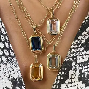 Elegant 14K Golden Plated-Tone Glass Pendant Necklace with Rectangular Amethyst Charm - Perfect for Everyday and Party Wear