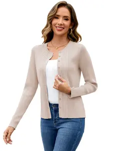 TOTATUIT Women's Essential Ribbed Texture Full-Sleeve Medium-Length Plain Solid Button-Up Cardigan, Soft Knit Casual Layering Piece for Work & Weekends