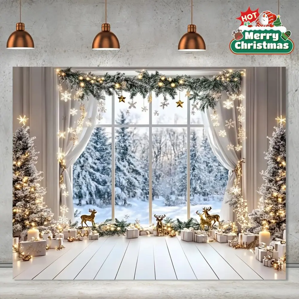 1pc Hangable 2D Flat Winter Christmas Backdrop - Snowy Forest Window, Xmas Tree, Deer, Rustic White & Golden String, Durable for Adult Indoor Holiday Party Decorations, Photo Background with Twinkling Lights