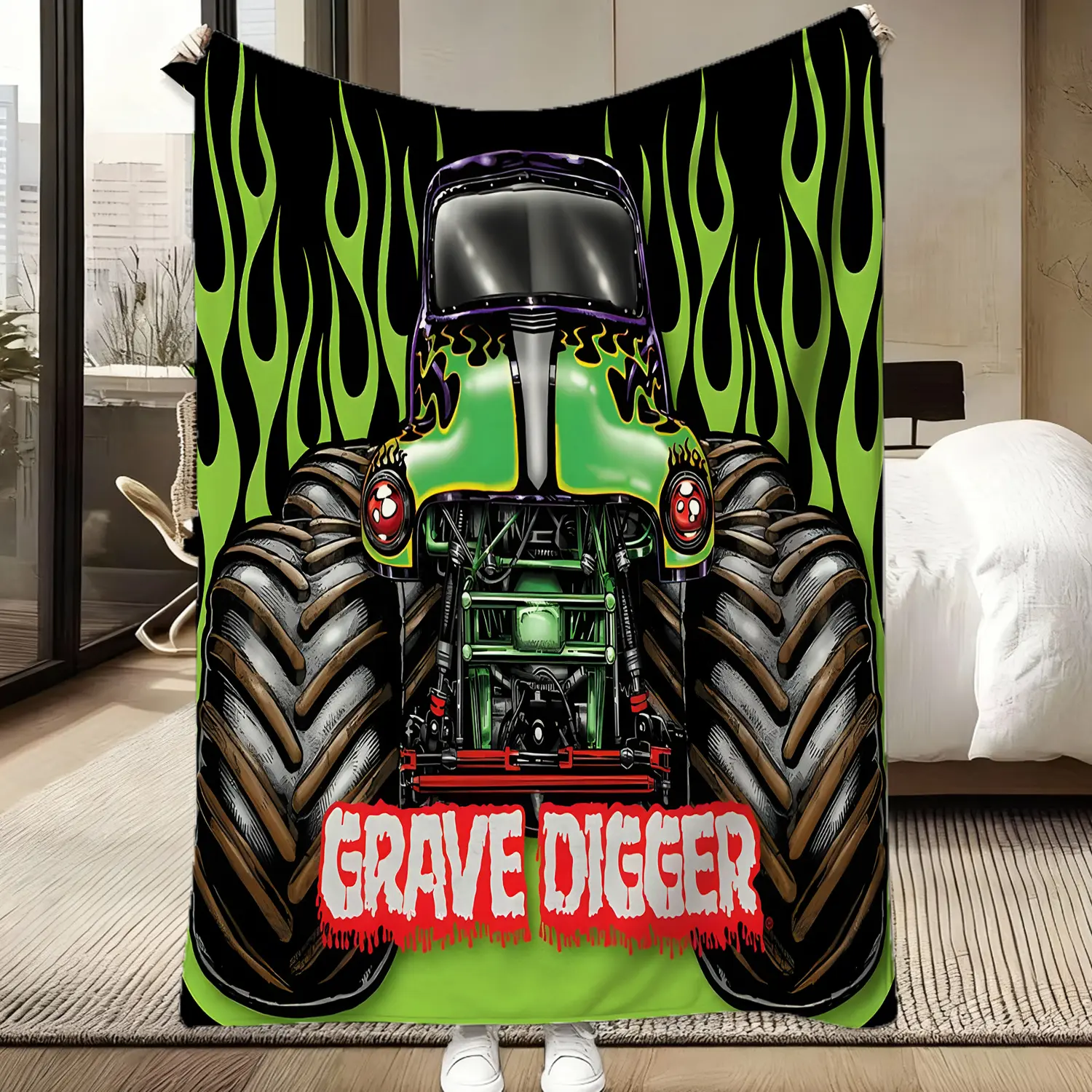 Grave Digger Monster Truck Throw Blanket, Soft Flannel, Green Flame Grave Digger Print, Cozy Warm Lightweight Blanket for Sofa Bed Couch, All Seasons Use, Racing Room Decor, Perfect Gift for Monster Jam Fans, Bedding for Kids & Adults