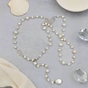 16C126 - Cultured Pearl Sterling Filigree Lariat Necklace