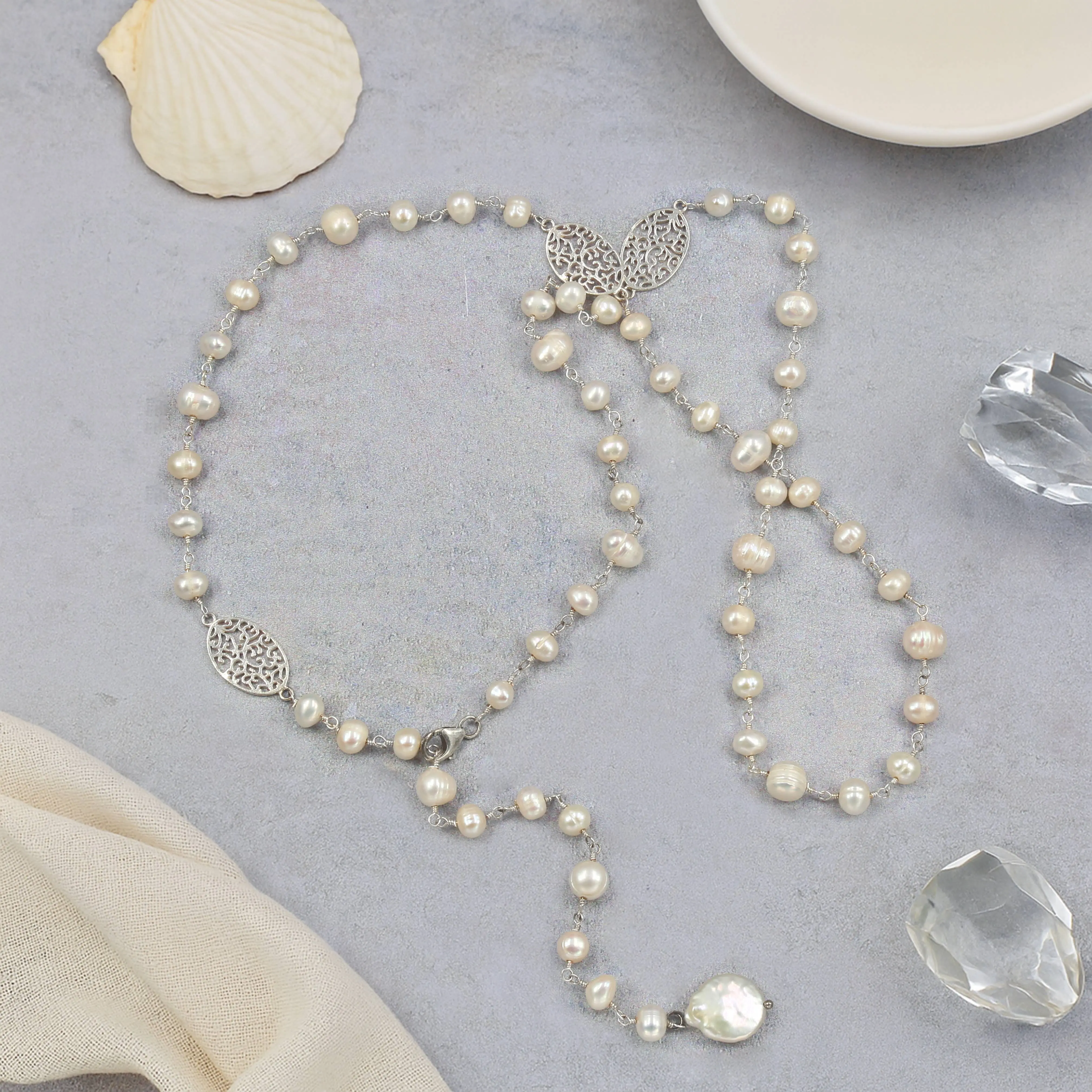 16C126 - Cultured Pearl Sterling Filigree Lariat Necklace