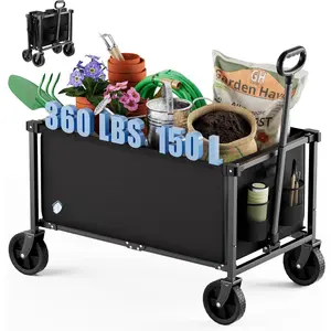 Collapsible Wagon Cart with Wheels, 150L Lightweight Foldable Utility Cart, Portable Rolling Wagon for Garden, Shopping, , Camping, Transport, Black